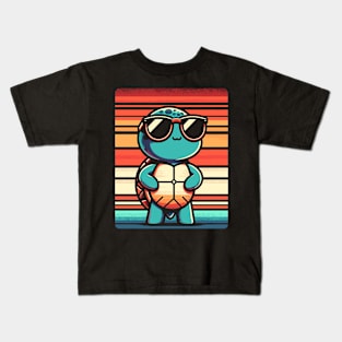 Retro Turtle in Sunglasses BBQ Pool Party Funny Turtle Kids T-Shirt
